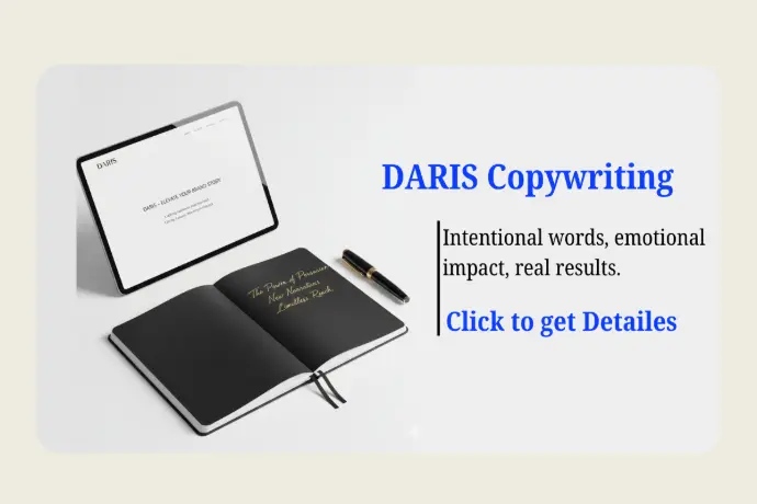 Daris Copywriting Service: Landing page copy showcasing Daris Copywriting services, emphasizing intentional words, emotional impact, and real business results.